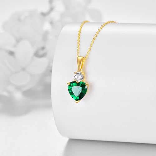 DOVRAN 14K Solid Yellow Gold Natural Green Emerald Pendant Necklaces (1.75 Carat,8mm Heart) Engagement Valentine s Day Gift for Women Girls