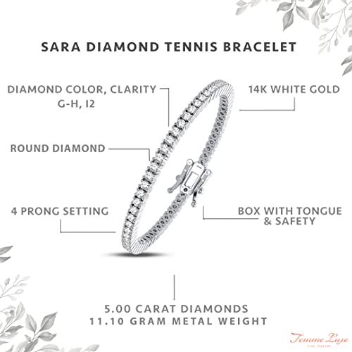Femme Luxe Sara Diamond Tennis Bracelet for Women (5.00 Carats, G-H Color, I2 Clarity), 14K Gold, with Gift Box, Giftable Jewelry