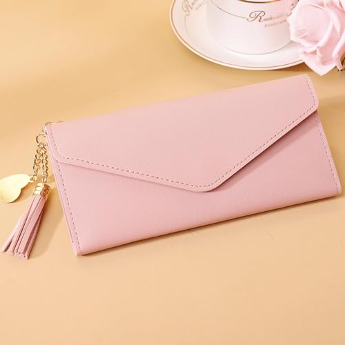 IFFANY Stylish Leather Envelope Card Wallet with Tassel Chain Long Wallet for Women,Pink