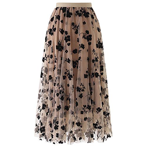 CHICWISH Women s Caramel/Dusty Blue/White/Black 3D Posy Double-Layered Mesh Midi Skirt