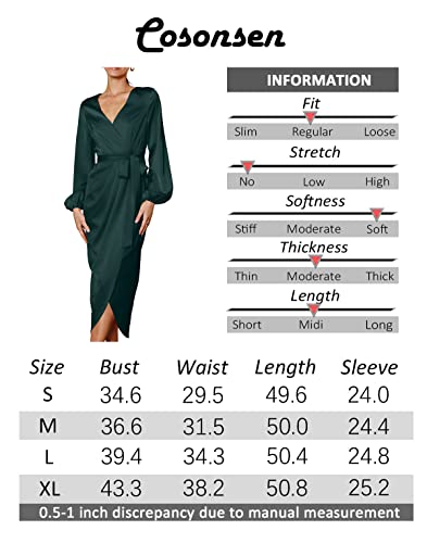 Women Satin Dress Deep V-Neck Long Sleeve Tie Waist Split Midi Dresses