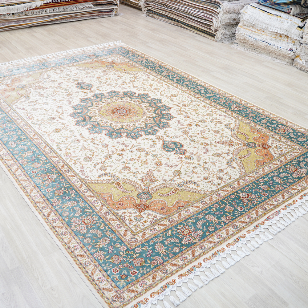 Yilong Carpet 8ftX11.7ft Silk Handmade Carpets Vintage Large Medallion Rugs for Living Room Bedroom Dinning Room (Ivory)