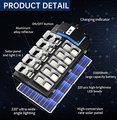 Gefolly 1000W Solar Street Lights Outdoor, 120000LM Commercial Parking Lot Light, 6500K Dusk to Dawn Solar Security Flood Lights Motion Sensor Solar Led Lamp for Basketball Court, Road, Playground