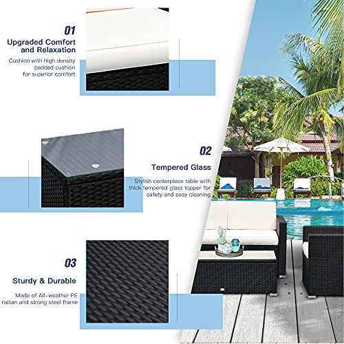 Outsunny 4-Piece Cushioned Patio Furniture Set, with 2 Chairs, Loveseat, and Glass Coffee Table, Rattan Wicker, Black