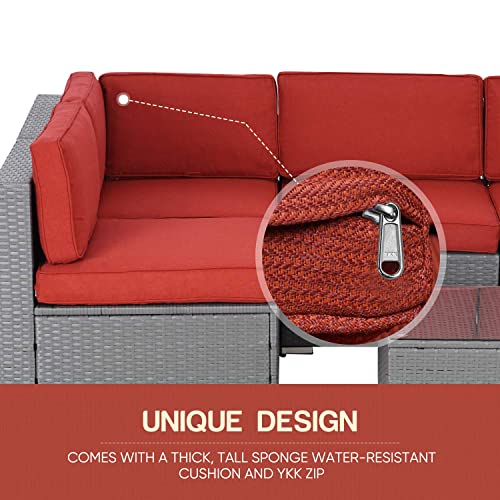 SOLAURA 5-Piece Outdoor Patio Furniture Set, Grey Wicker Furniture Modular Sectional Sofa Set with YKK Zipper &Coffee Table- Red